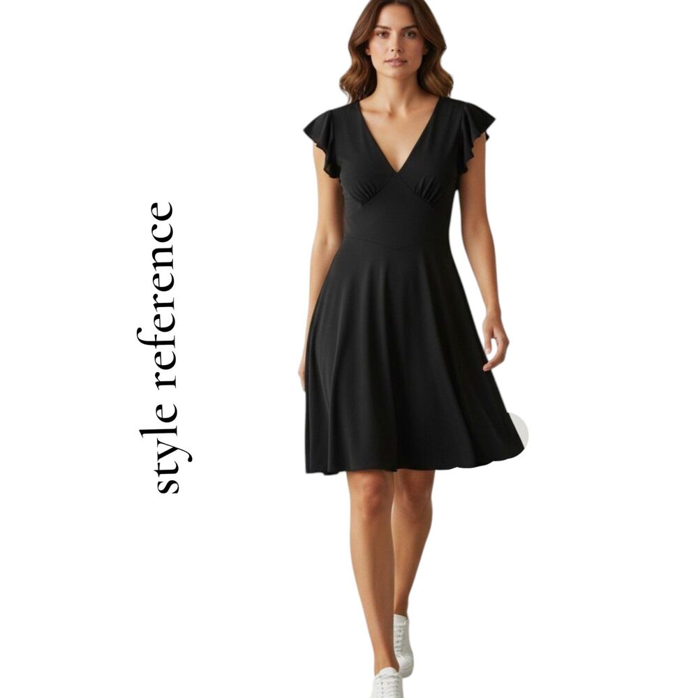 London Times Women's Black 12P Petite Flutter Sleeve Fit Flare Cocktail Party